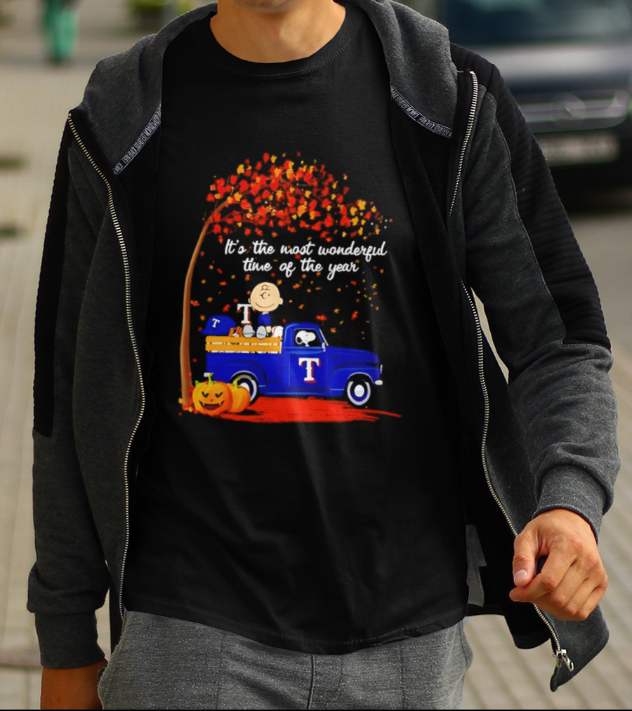 Snoopy Charlie Brown Texas Rangers Halloween 2026 It's The Most Wonderful Time Of The Year Truck Pumpkins T-Shirt