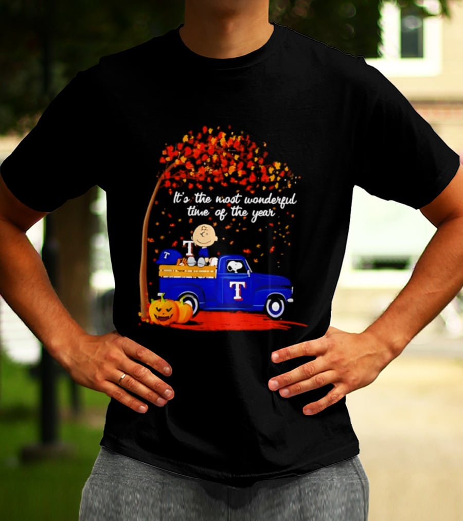 Snoopy Charlie Brown Texas Rangers Halloween 2026 It's The Most Wonderful Time Of The Year Truck Pumpkins T-Shirt