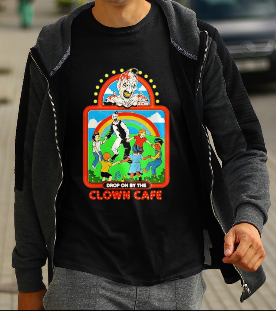 Drop On By The Clown Cafe Creepy Clown Horror With Rainbow And Dancing Kids T-Shirt