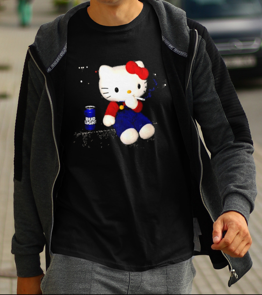 Hello Kitty With Smoking And Bud Light Can T-Shirt