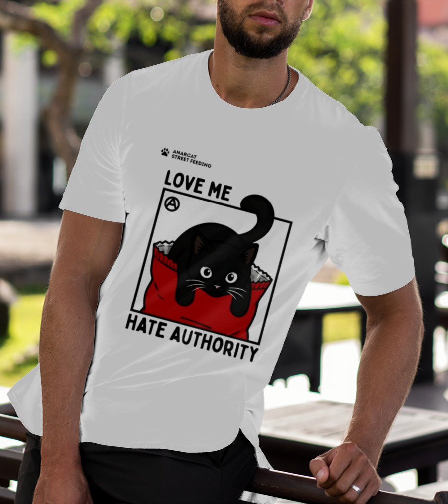 Anarcat Street Feeding Love Me Hate Authority Black Cat Red Bag T-Shirt