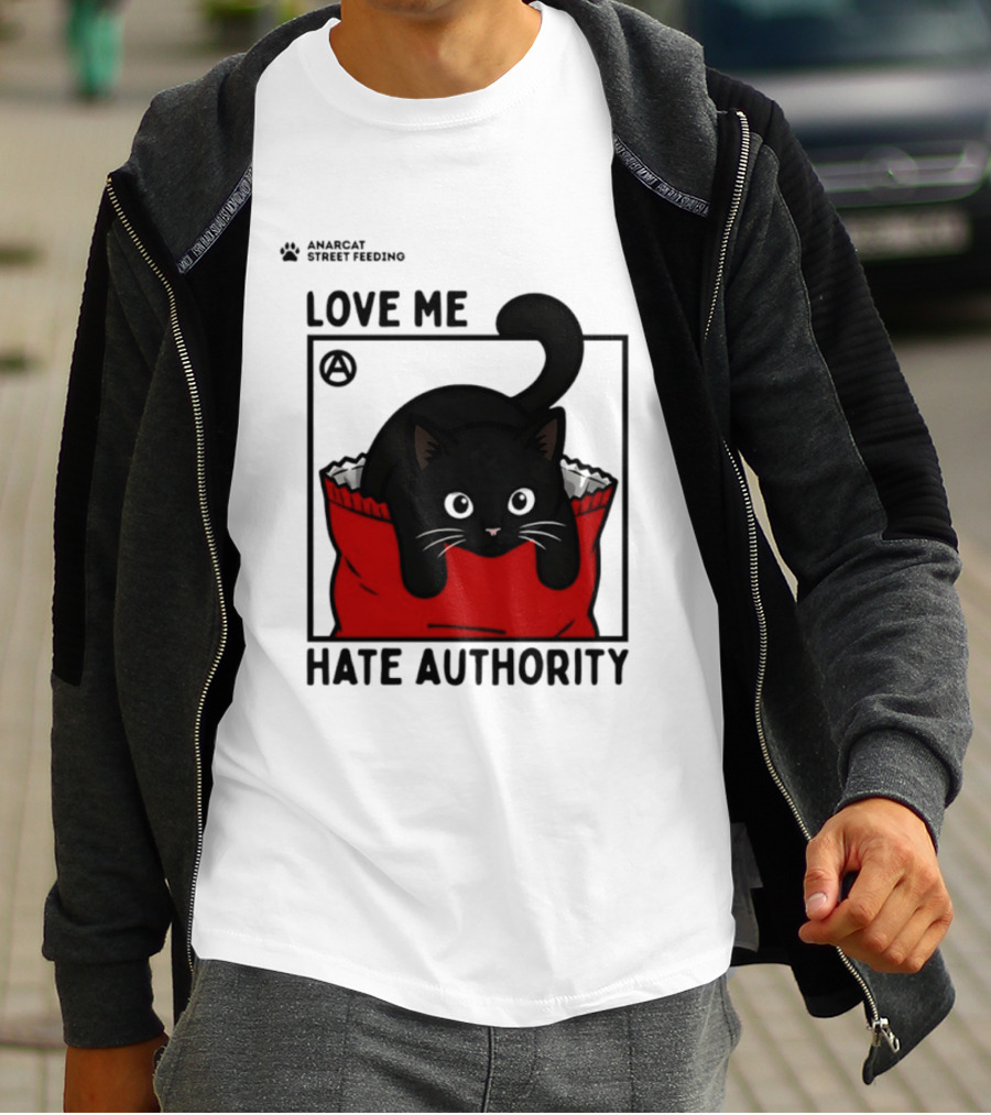 Anarcat Street Feeding Love Me Hate Authority Black Cat Red Bag T-Shirt