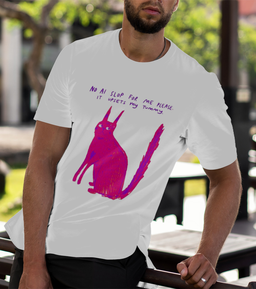 No AI Slop For Me Please It Upsets My Tummy Pink Cat T-Shirt