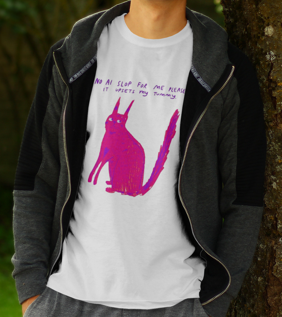 No AI Slop For Me Please It Upsets My Tummy Pink Cat T-Shirt