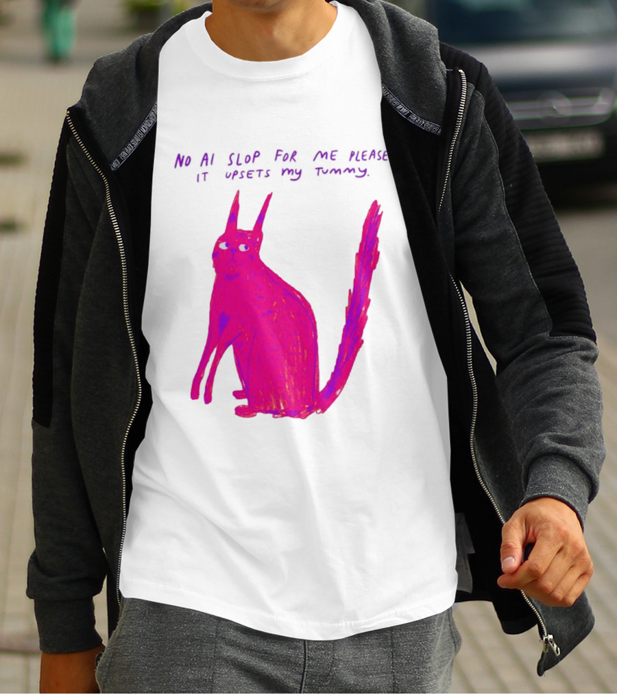 No AI Slop For Me Please It Upsets My Tummy Pink Cat T-Shirt