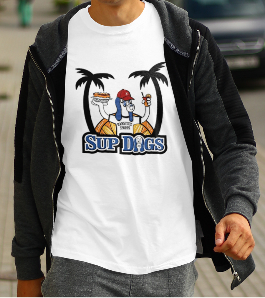Sup Dogs Beach Vibes Palm Trees Hot Dog Drink Fun T-Shirt