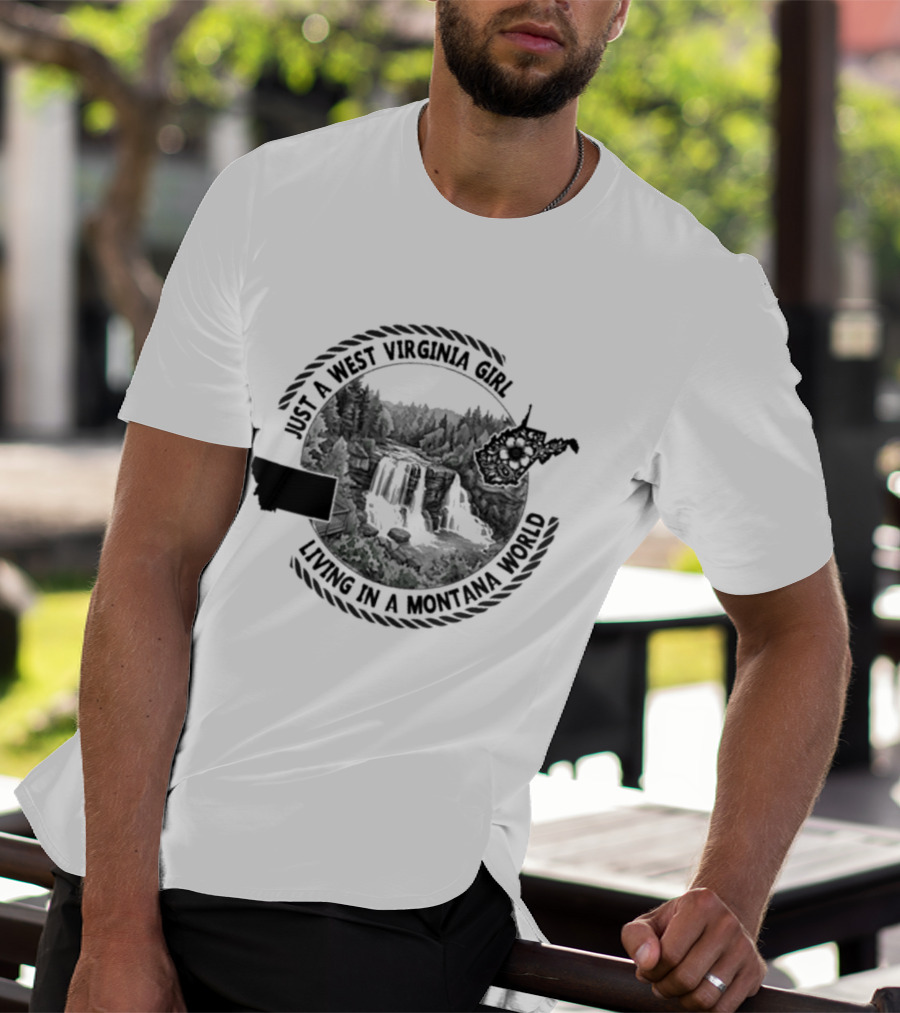 AI West Virginia Girl Living In A Montana World Forest Waterfall Scene T-Shirt