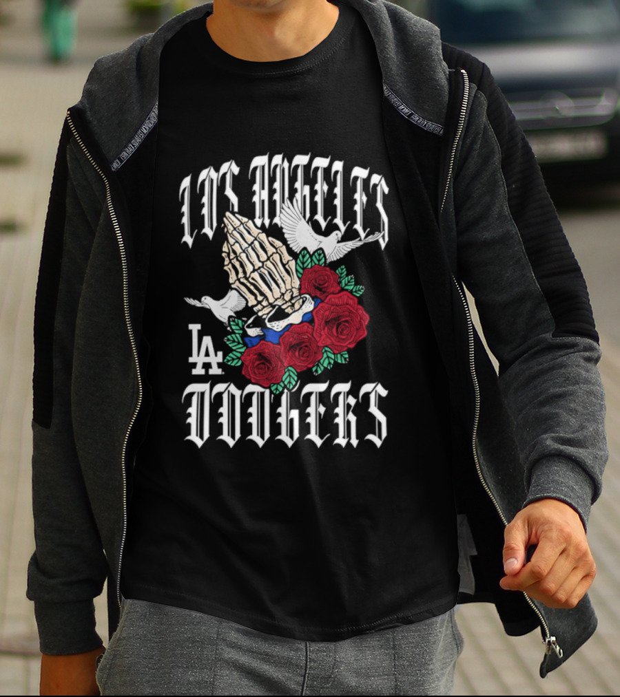 Los Angeles Dodgers Gothic Bloom Praying Hands Roses Halloween 2026 T-Shirt