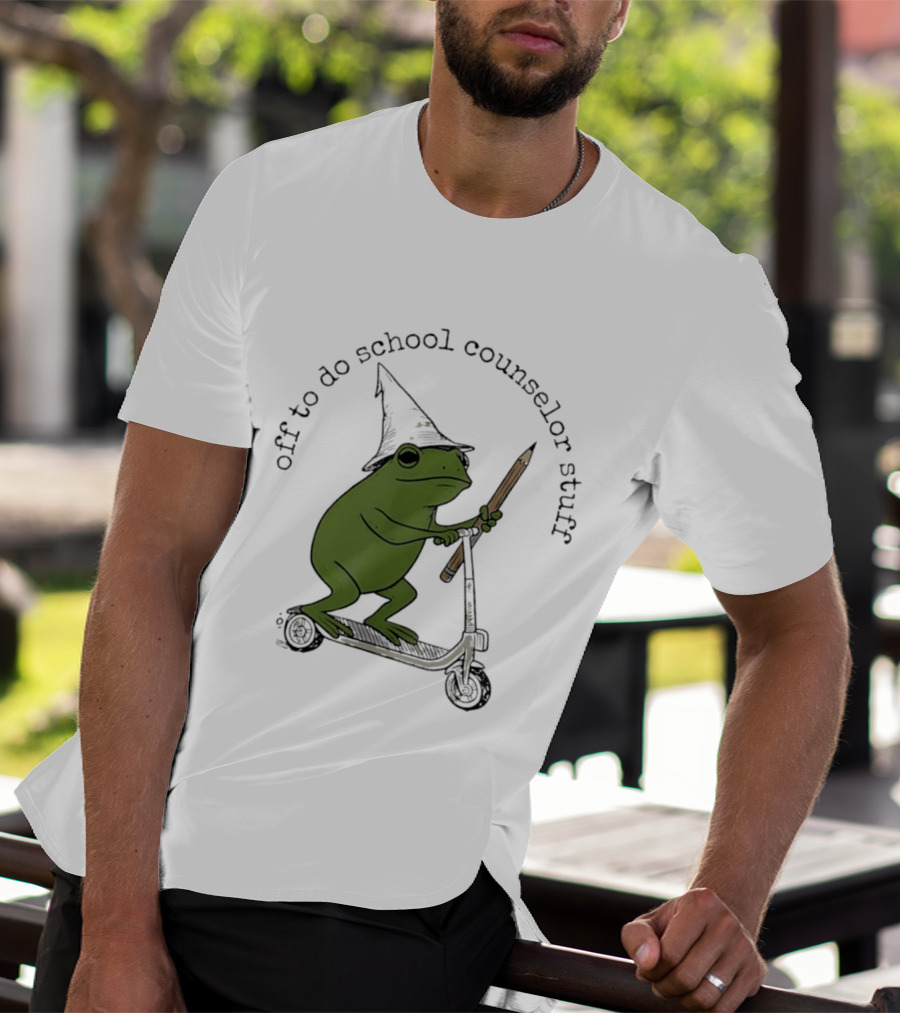 Frog Off To Do School Counselor Stuff With Wizard Hat Riding Scooter T-Shirt