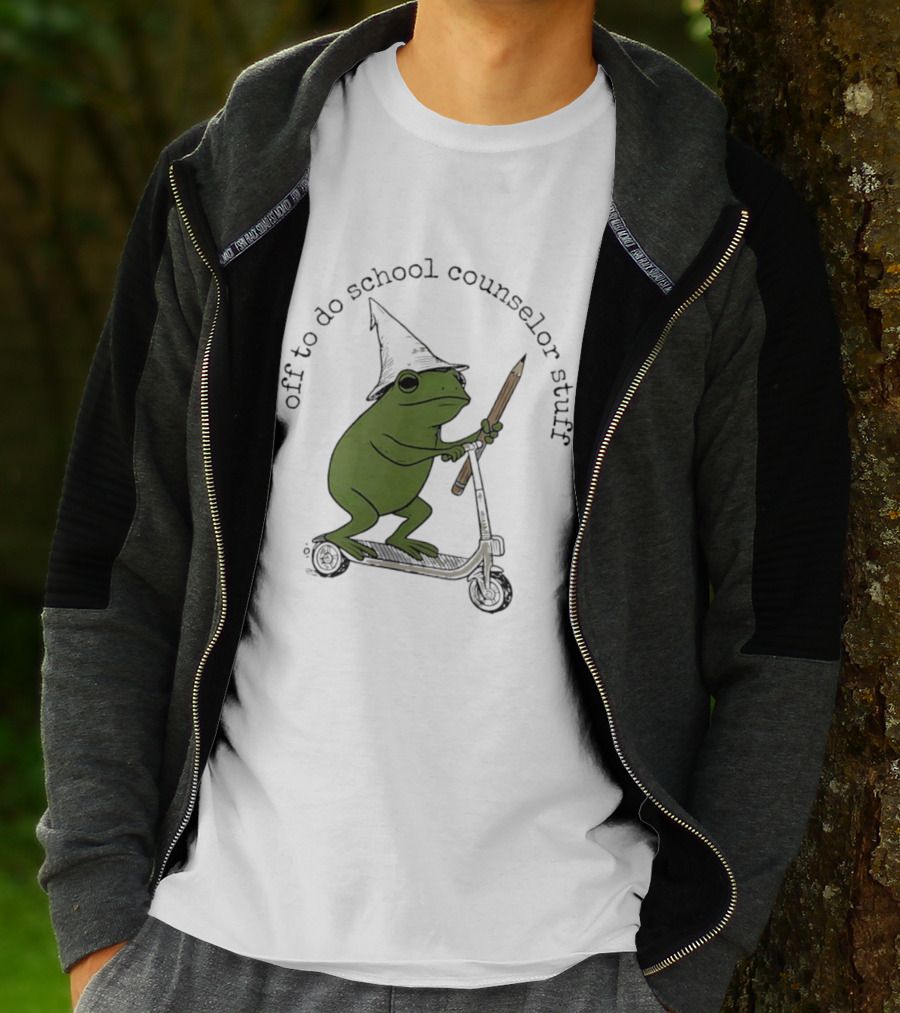 Frog Off To Do School Counselor Stuff With Wizard Hat Riding Scooter T-Shirt