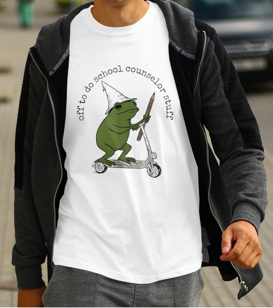 Frog Off To Do School Counselor Stuff With Wizard Hat Riding Scooter T-Shirt