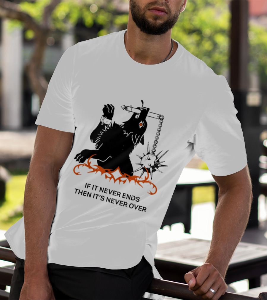 If It Never Ends Then It's Never Over Gothic Skeleton Warrior With Spiked Mace And Orange Flames T-Shirt