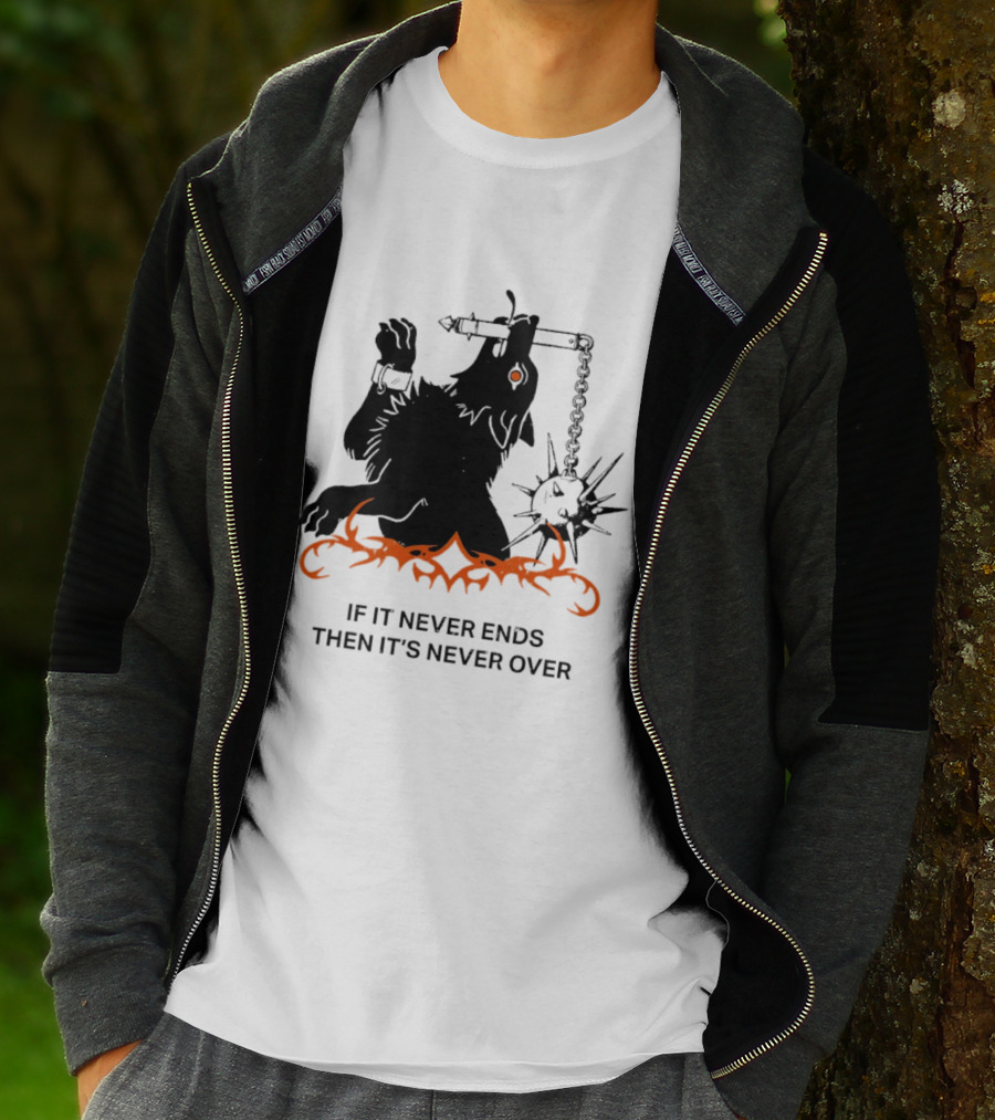 If It Never Ends Then It's Never Over Gothic Skeleton Warrior With Spiked Mace And Orange Flames T-Shirt