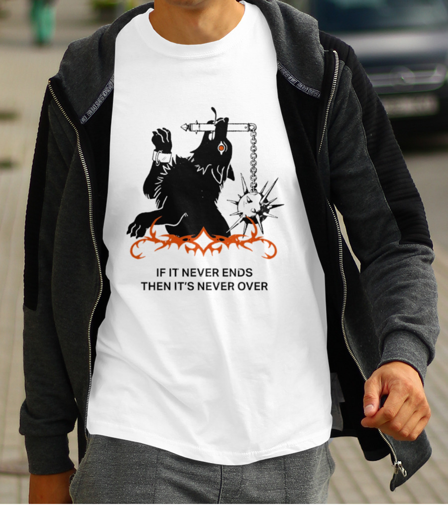 If It Never Ends Then It's Never Over Gothic Skeleton Warrior With Spiked Mace And Orange Flames T-Shirt