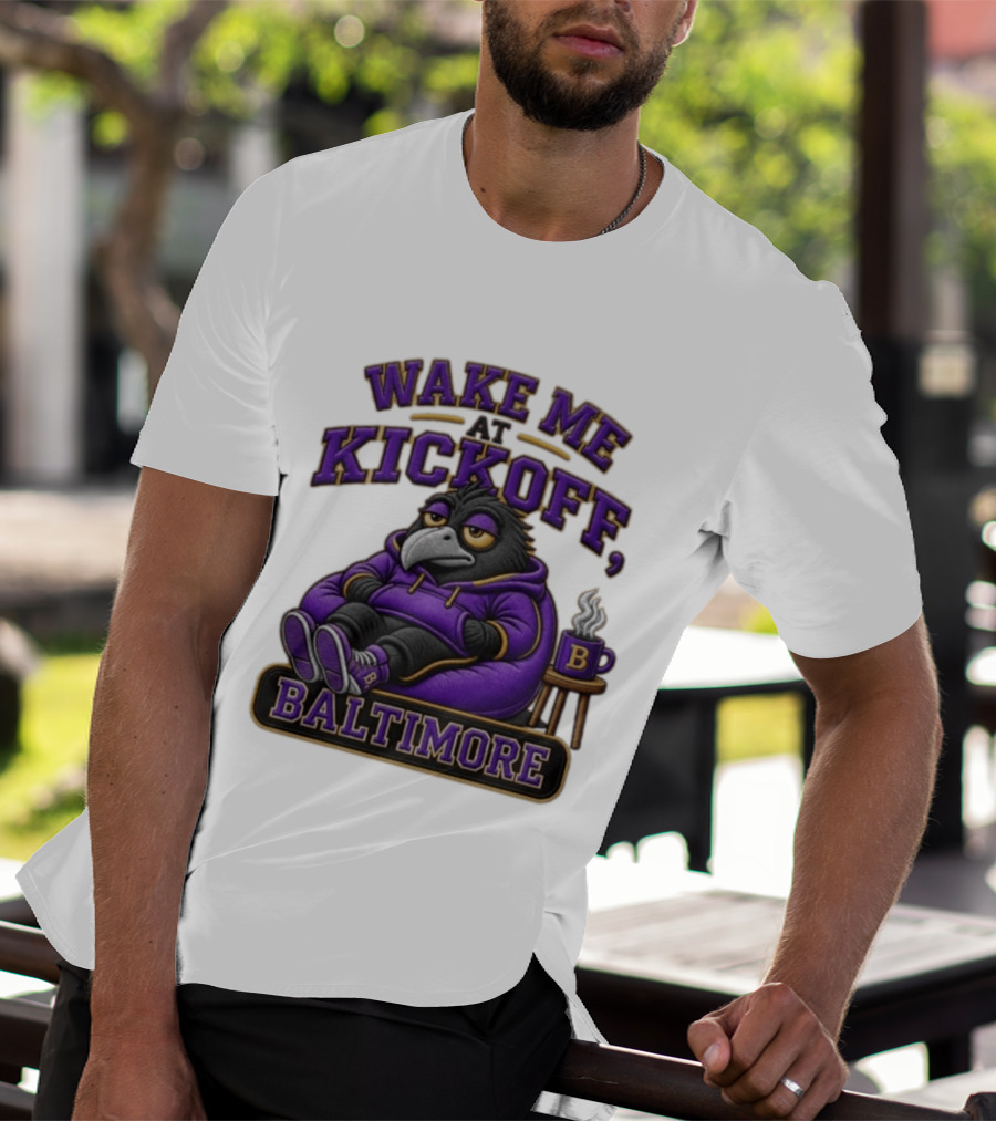 Wake Me At Kickoff Baltimore Purple Bird With Coffee T-Shirt
