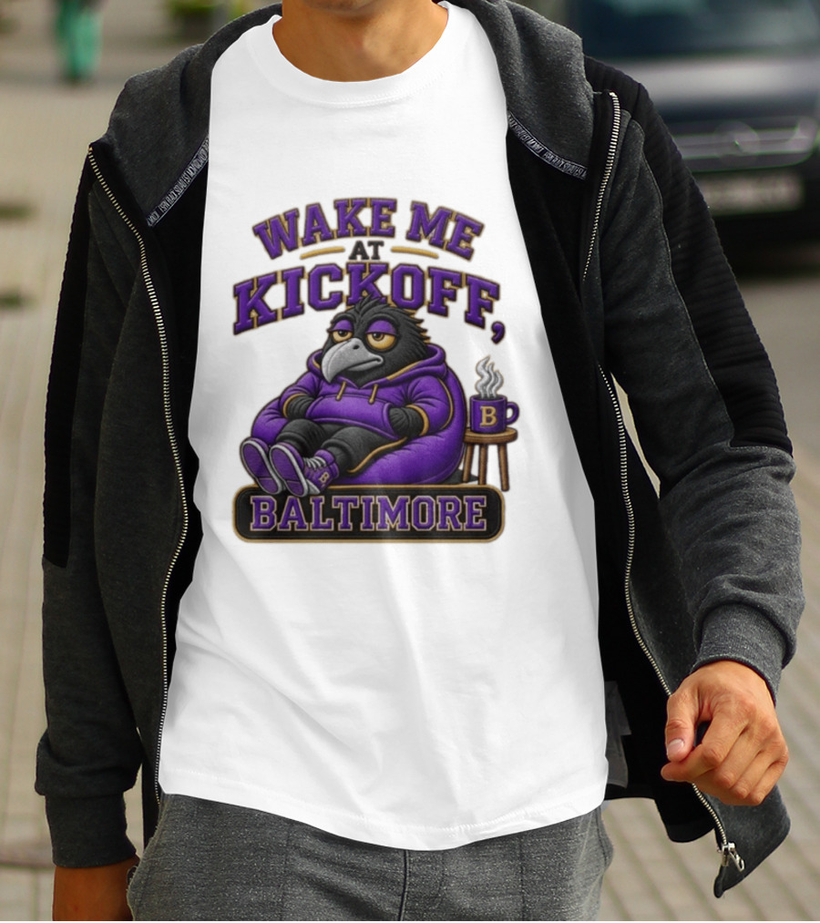 Wake Me At Kickoff Baltimore Purple Bird With Coffee T-Shirt