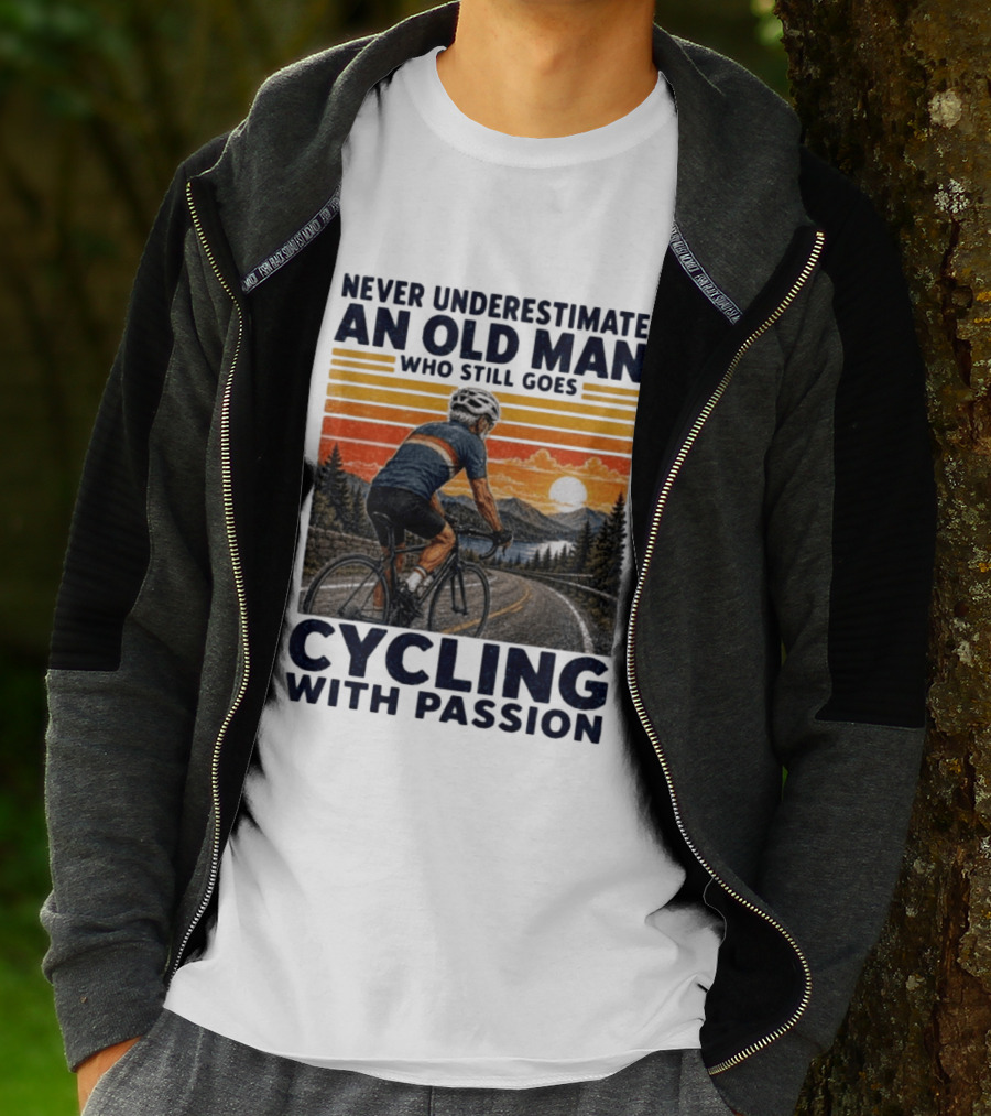 Never Underestimate An Old Man Who Still Goes Cycling With Passion Vintage Sunset Scene T-Shirt