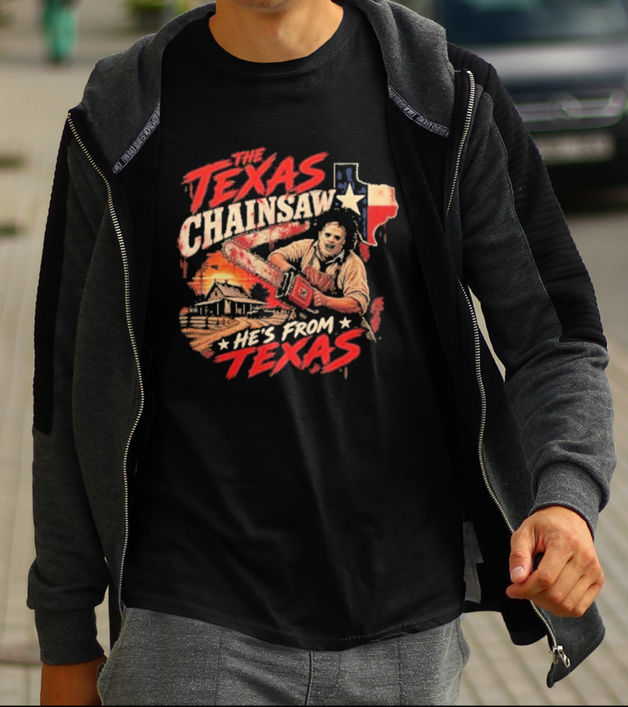 The Texas Chainsaw He's From Texas Horror Icon Chainsaw House Sunset T-Shirt