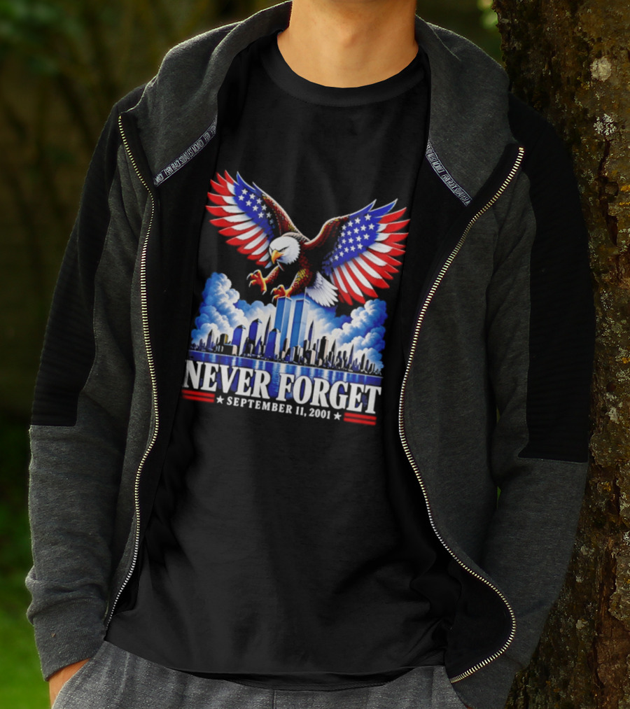 Never Forget September 11 2001 Eagle American Flag Twin Towers Memorial T-Shirt