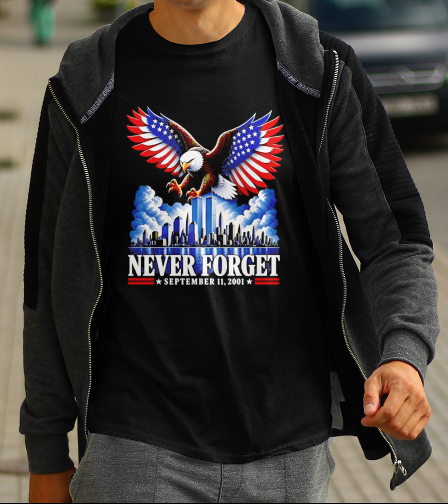 Never Forget September 11 2001 Eagle American Flag Twin Towers Memorial T-Shirt