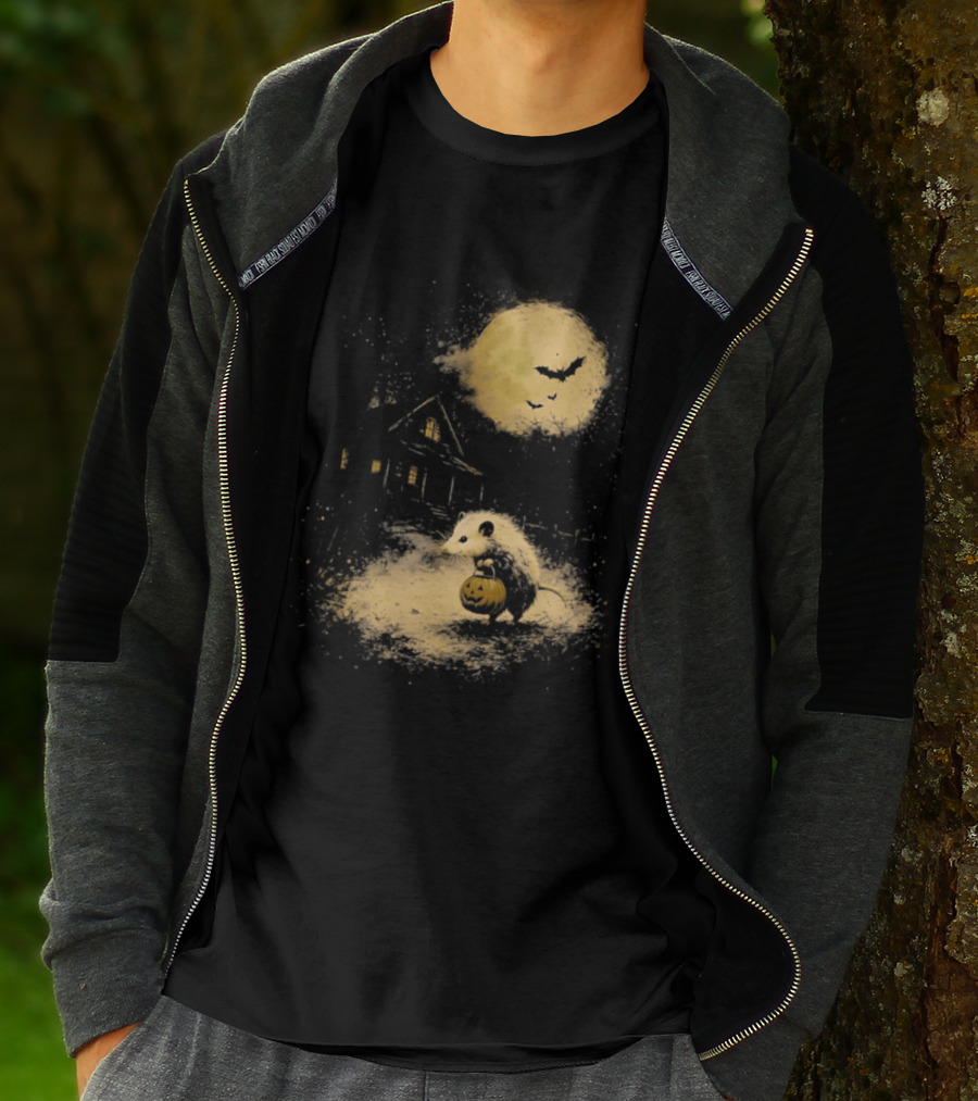 Opossum Halloween 2026 Pumpkin Spooky Moon Haunted House Scene T-Shirt