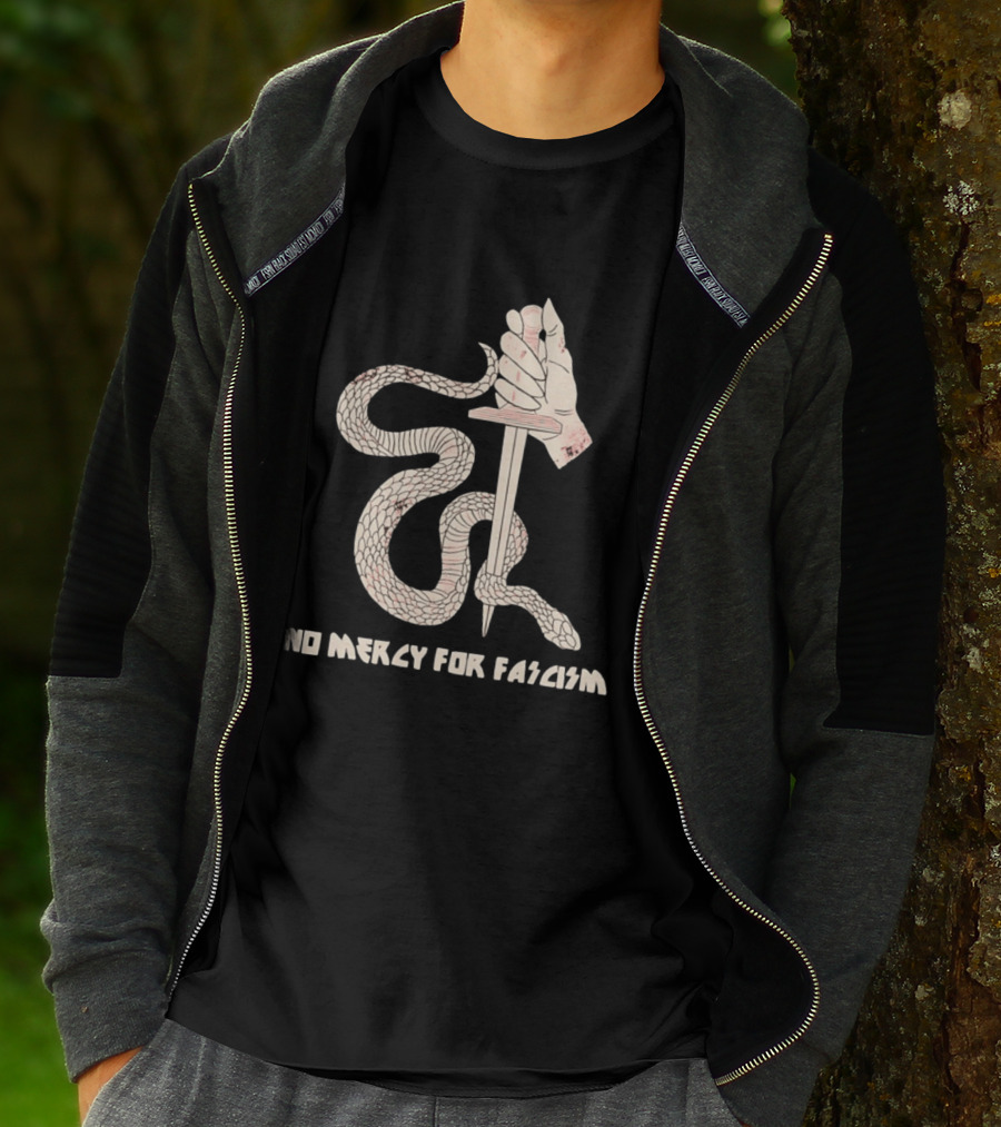 No Mercy For Fascism Snake Winding Around Dagger And Hand T-Shirt