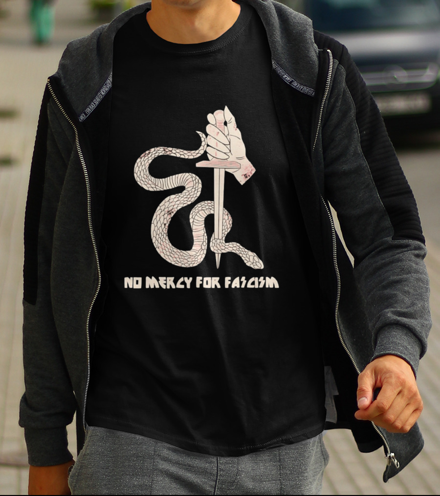 No Mercy For Fascism Snake Winding Around Dagger And Hand T-Shirt