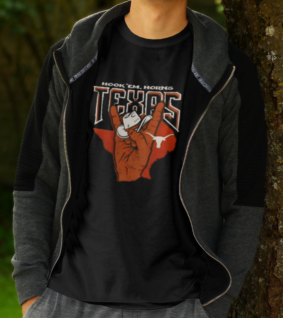 Hook 'em Texas Longhorns Hand Sign With Cowboy Hat And Longhorn T-Shirt