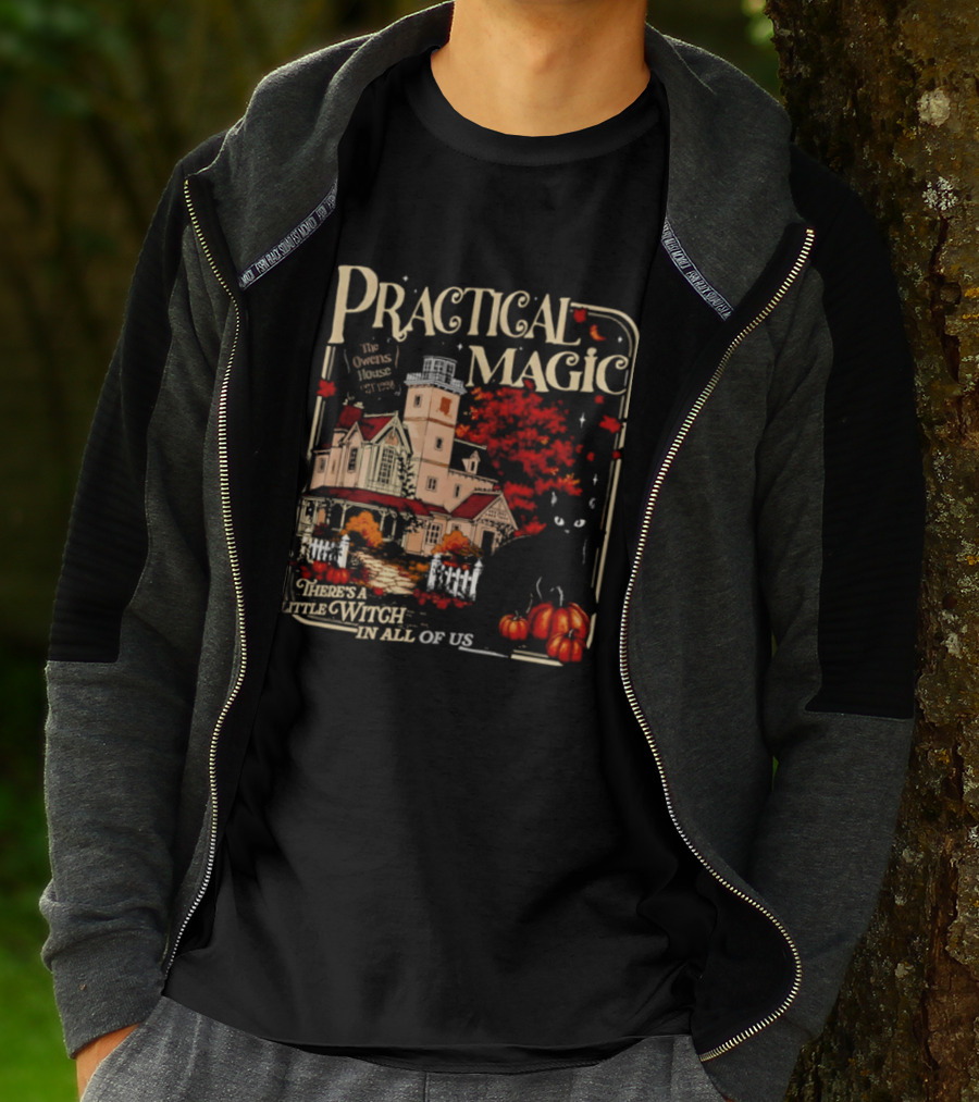 Practical Magic The Owens House Est 1998 There Is A Little Witch In All Of Us Pumpkin Autumn Scene T-Shirt