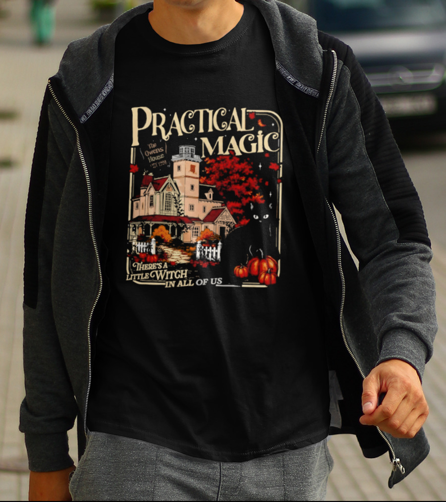 Practical Magic The Owens House Est 1998 There Is A Little Witch In All Of Us Pumpkin Autumn Scene T-Shirt