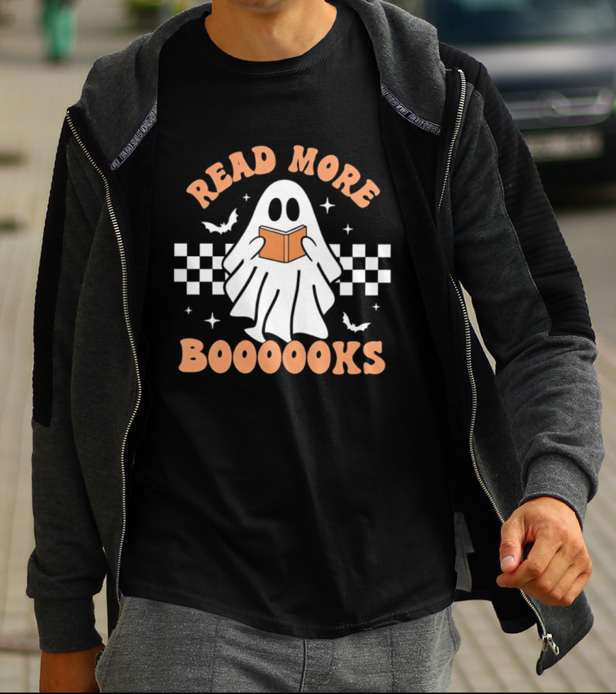Read More Booooks Ghost Halloween Bat Checkerboard T-Shirt