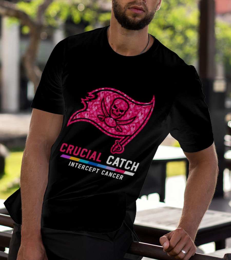 Tampa Bay Buccaneers 2026 Crucial Catch Intercept Cancer Pink Ribbon Flag T-Shirt