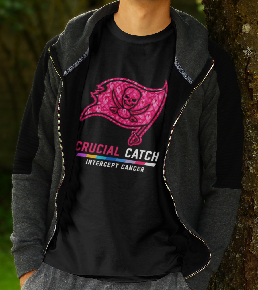 Tampa Bay Buccaneers 2026 Crucial Catch Intercept Cancer Pink Ribbon Flag T-Shirt
