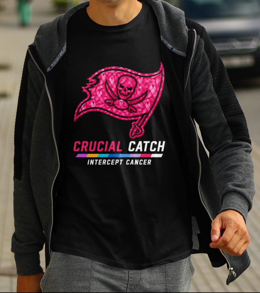 Tampa Bay Buccaneers 2026 Crucial Catch Intercept Cancer Pink Ribbon Flag T-Shirt
