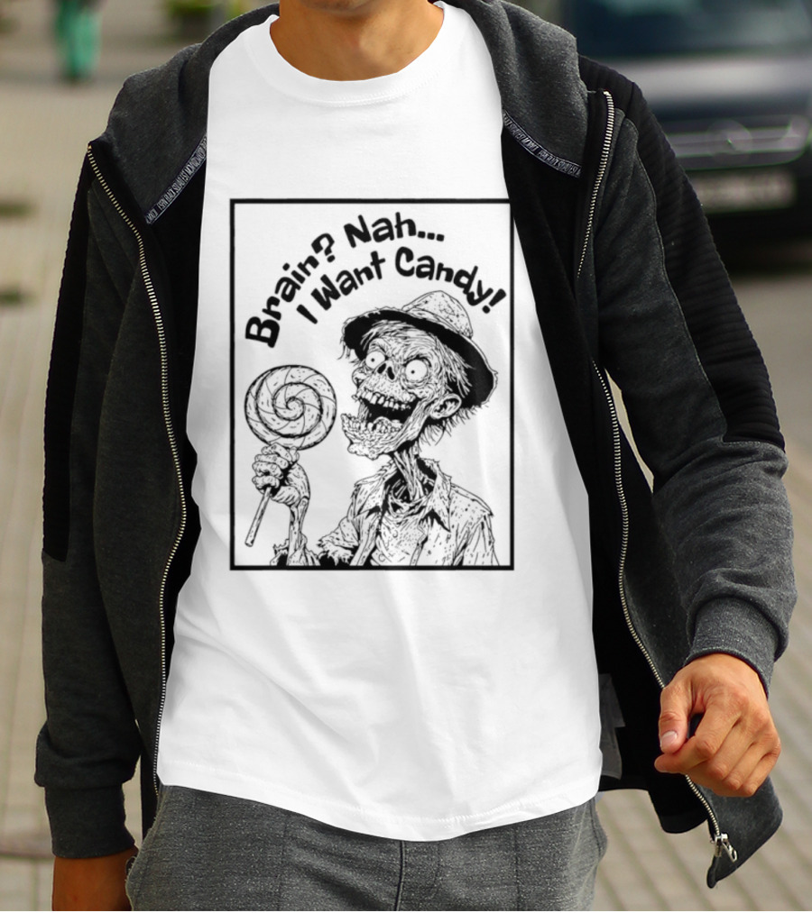 Halloween Zombie Eating Lollipop Brain Nah I Want Candy Ghost T-Shirt