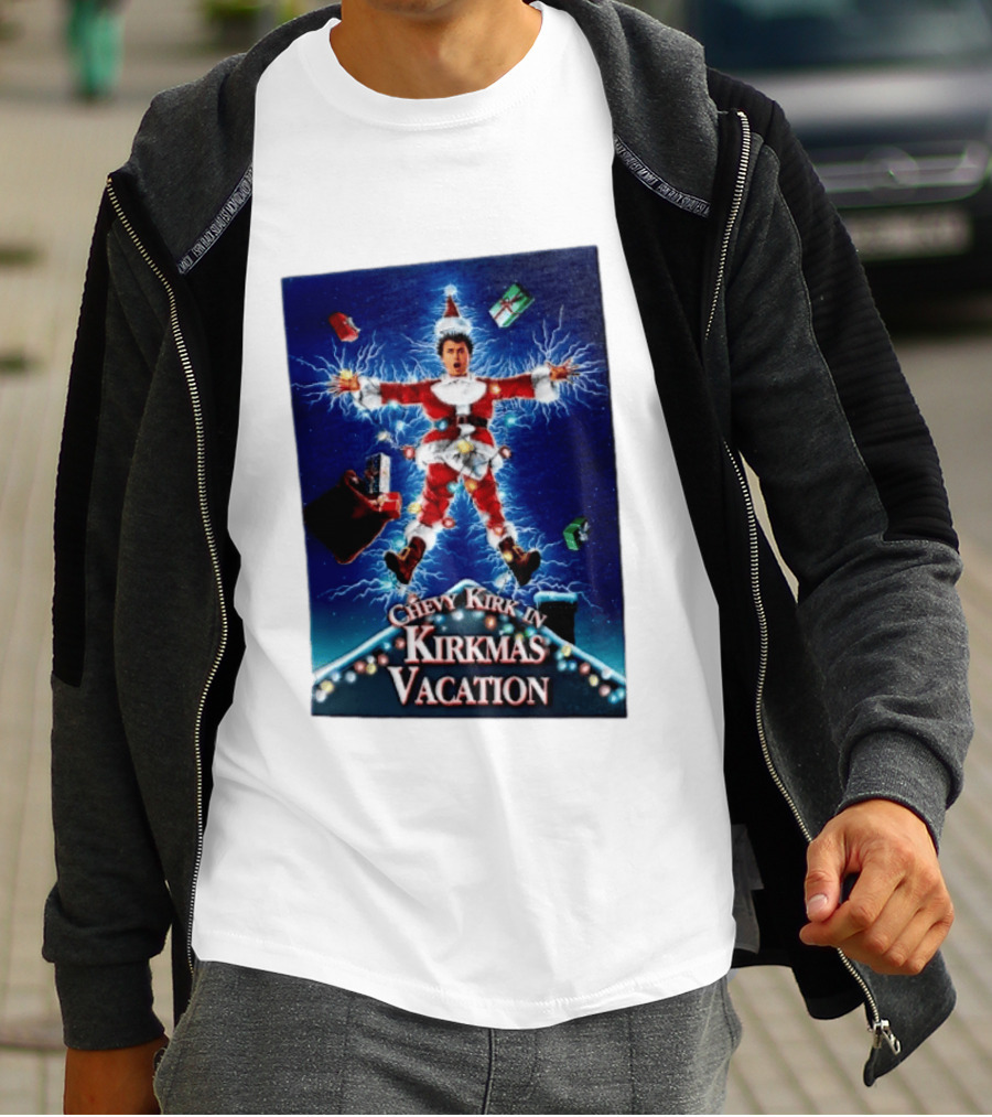 Chevy Kirk In Kirkmas Vacation Christmas Presents Lights Santa Suit Explosion T-Shirt