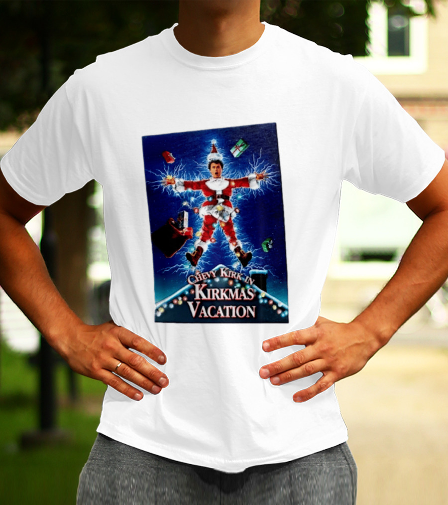 Chevy Kirk In Kirkmas Vacation Christmas Presents Lights Santa Suit Explosion T-Shirt