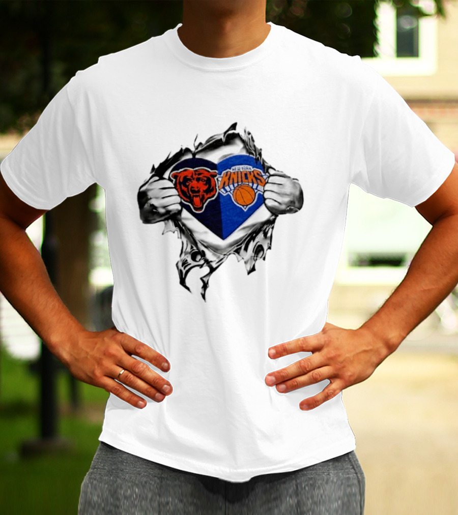 Chicago Bears New York Knicks Heart Symbol Fan Pride Collaboration T-Shirt