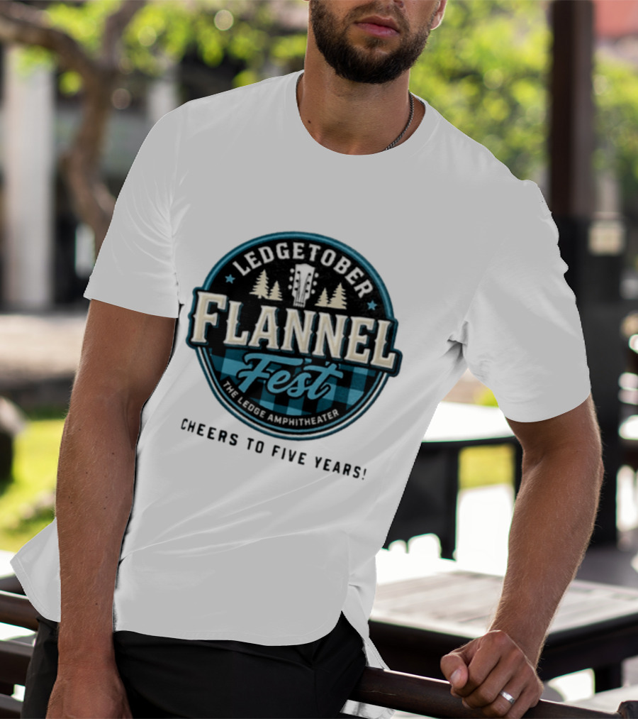 LedgeTober Flannel Fest The Ledge Amphitheater Cheers To Five Years Celebration With Trees And Guitar T-Shirt