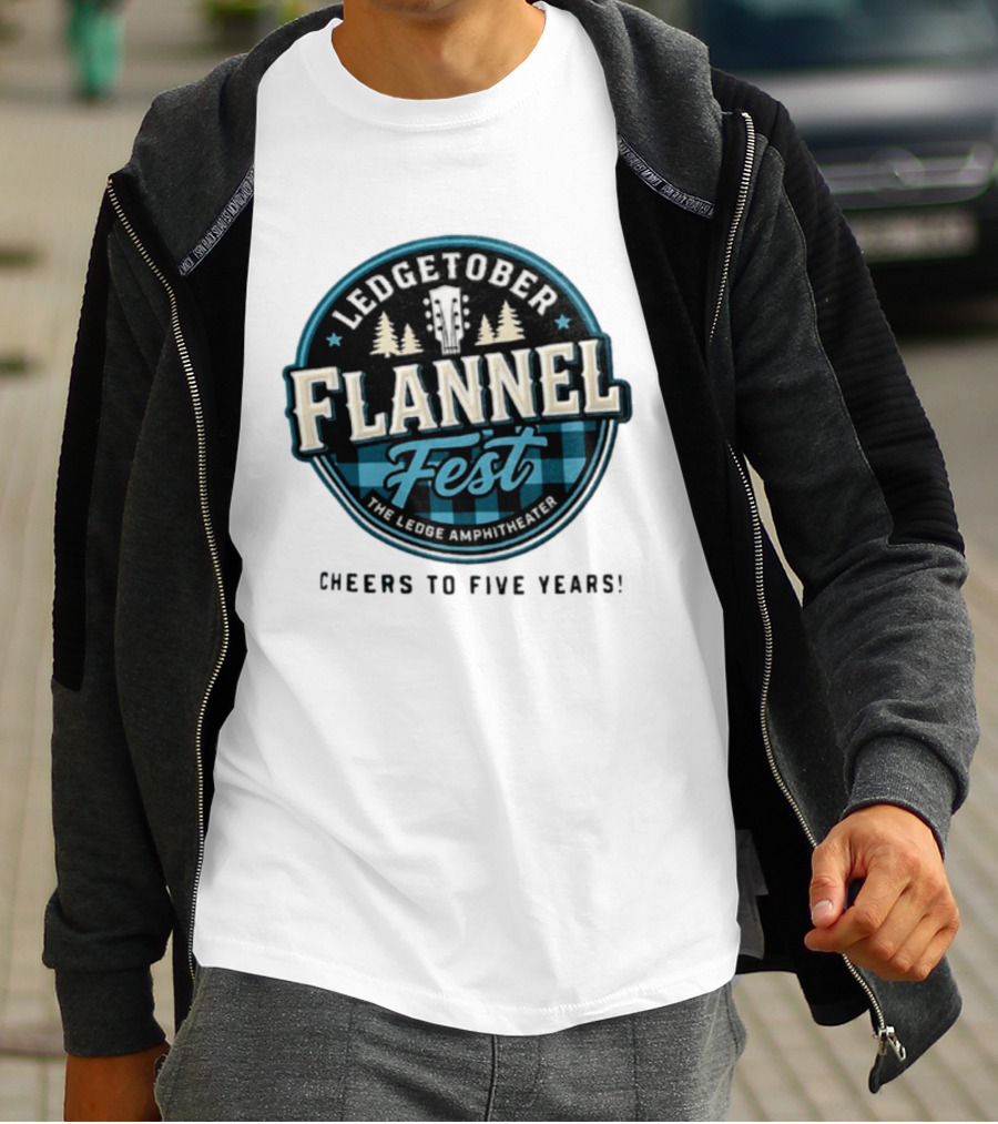 LedgeTober Flannel Fest The Ledge Amphitheater Cheers To Five Years Celebration With Trees And Guitar T-Shirt
