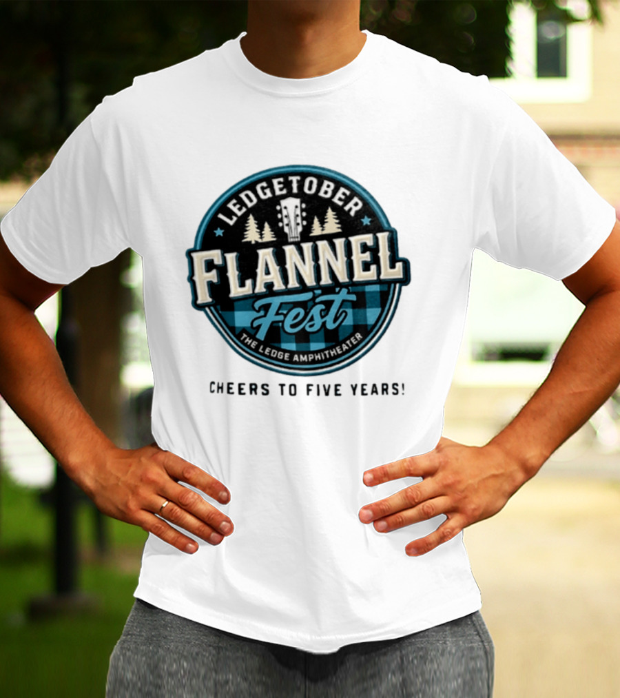 LedgeTober Flannel Fest The Ledge Amphitheater Cheers To Five Years Celebration With Trees And Guitar T-Shirt