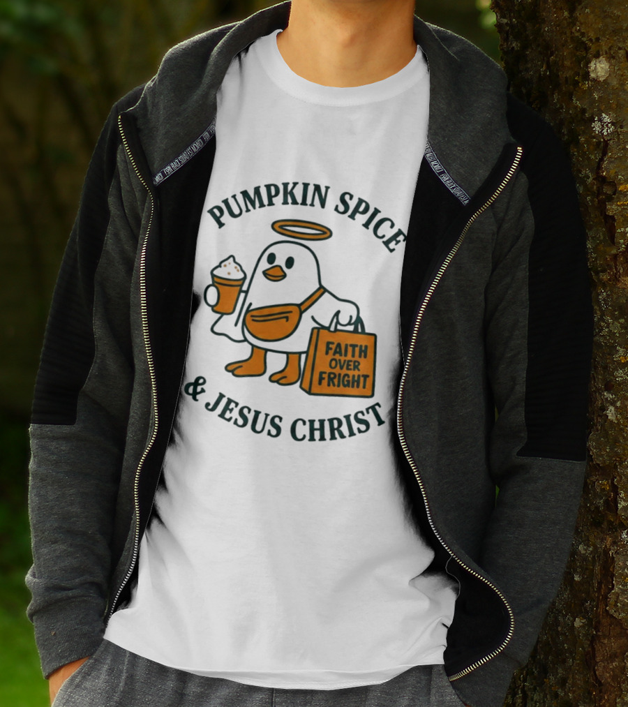 Pumpkin Spice Jesus Christ Faith Over Fright Angelic Penguin Coffee T-Shirt
