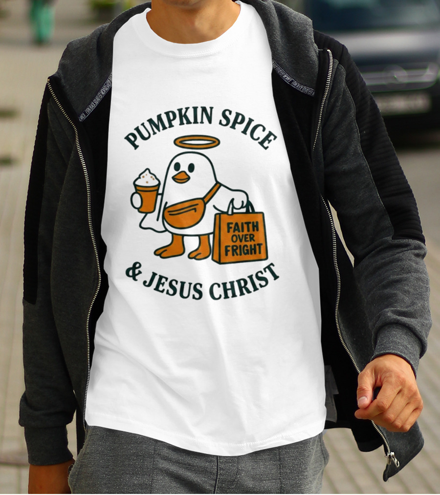Pumpkin Spice Jesus Christ Faith Over Fright Angelic Penguin Coffee T-Shirt