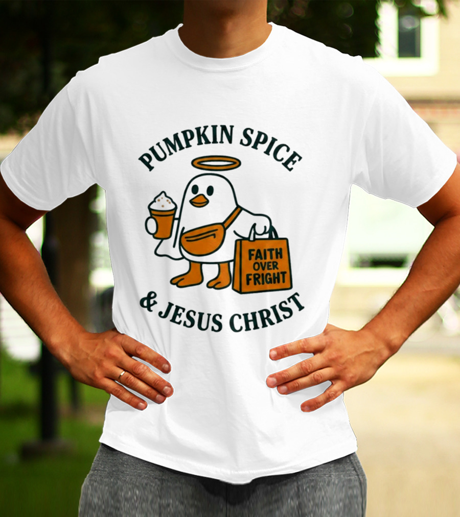 Pumpkin Spice Jesus Christ Faith Over Fright Angelic Penguin Coffee T-Shirt