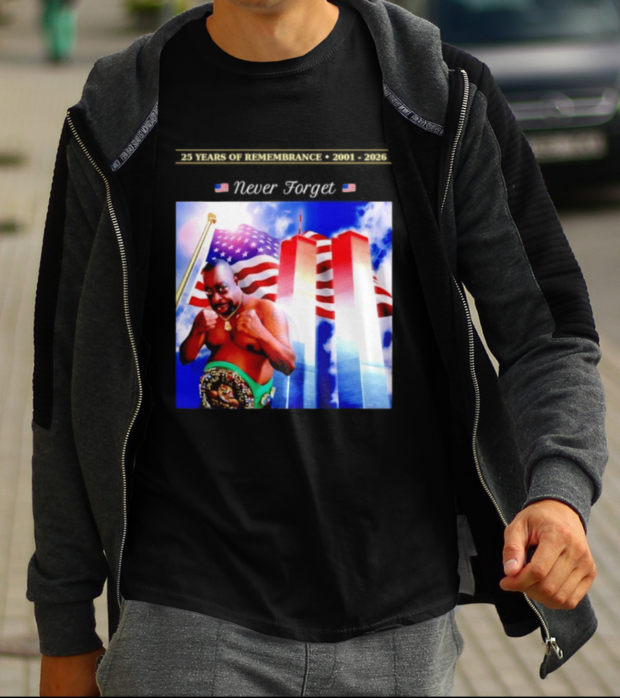 25 Years Of Remembrance 2001 2026 Beetlejuice Never Forget Twin Towers Boxing Belt American Flag T-Shirt