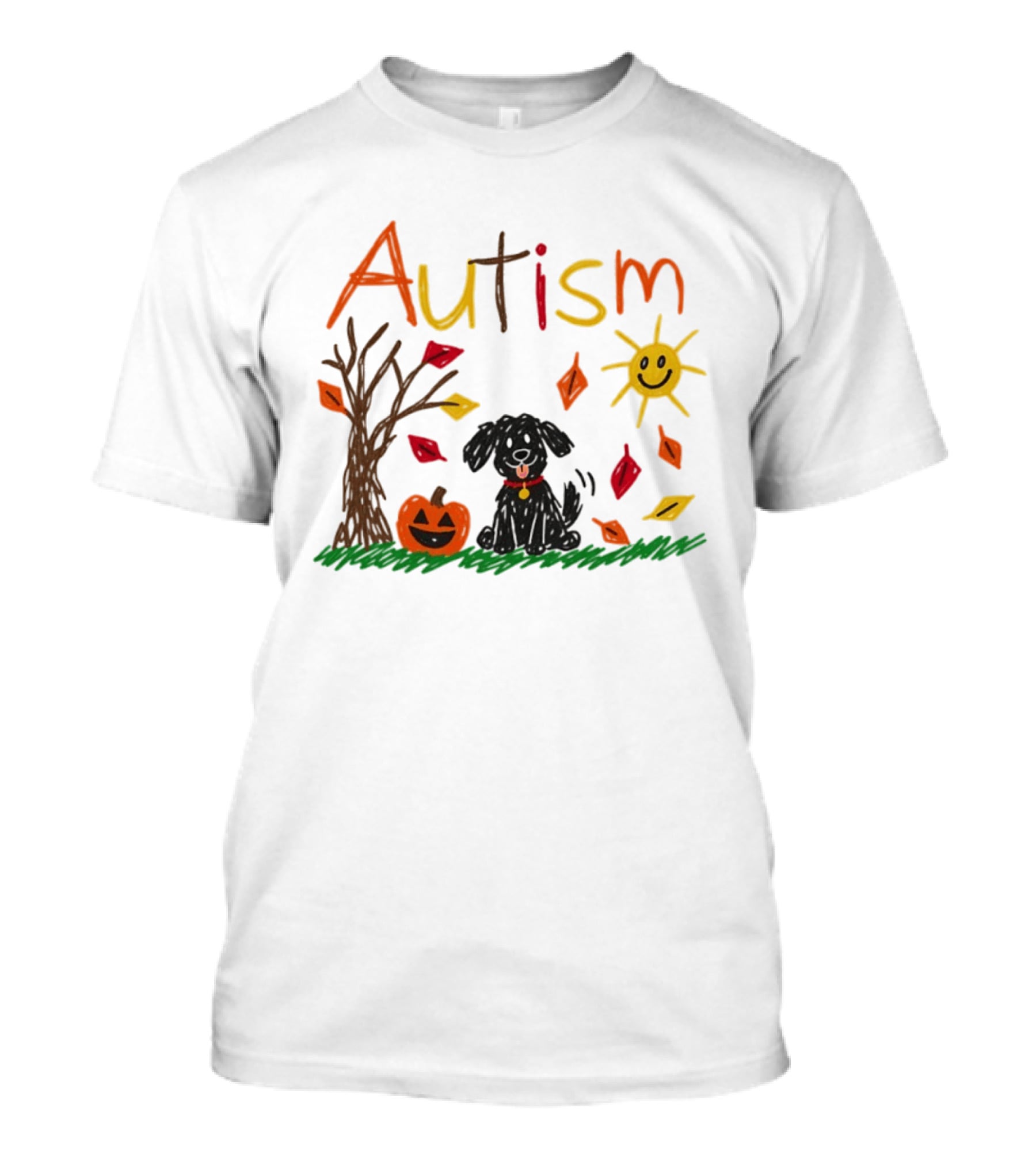 Autism Dog Pumpkin Halloween Fall Leaves Drawing T-Shirt