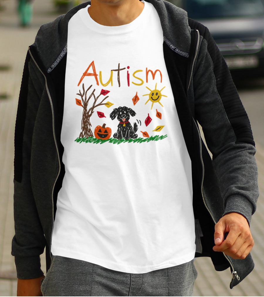 Autism Dog Pumpkin Halloween Fall Leaves Drawing T-Shirt