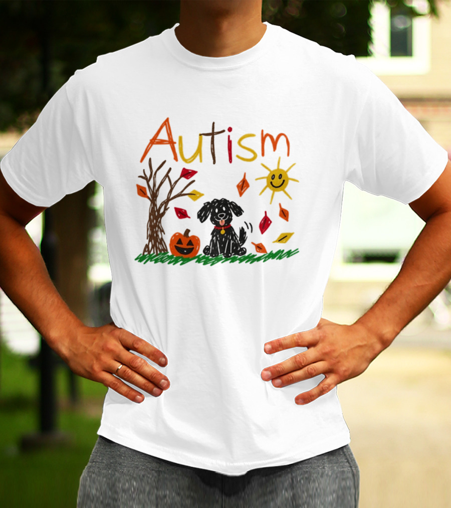 Autism Dog Pumpkin Halloween Fall Leaves Drawing T-Shirt
