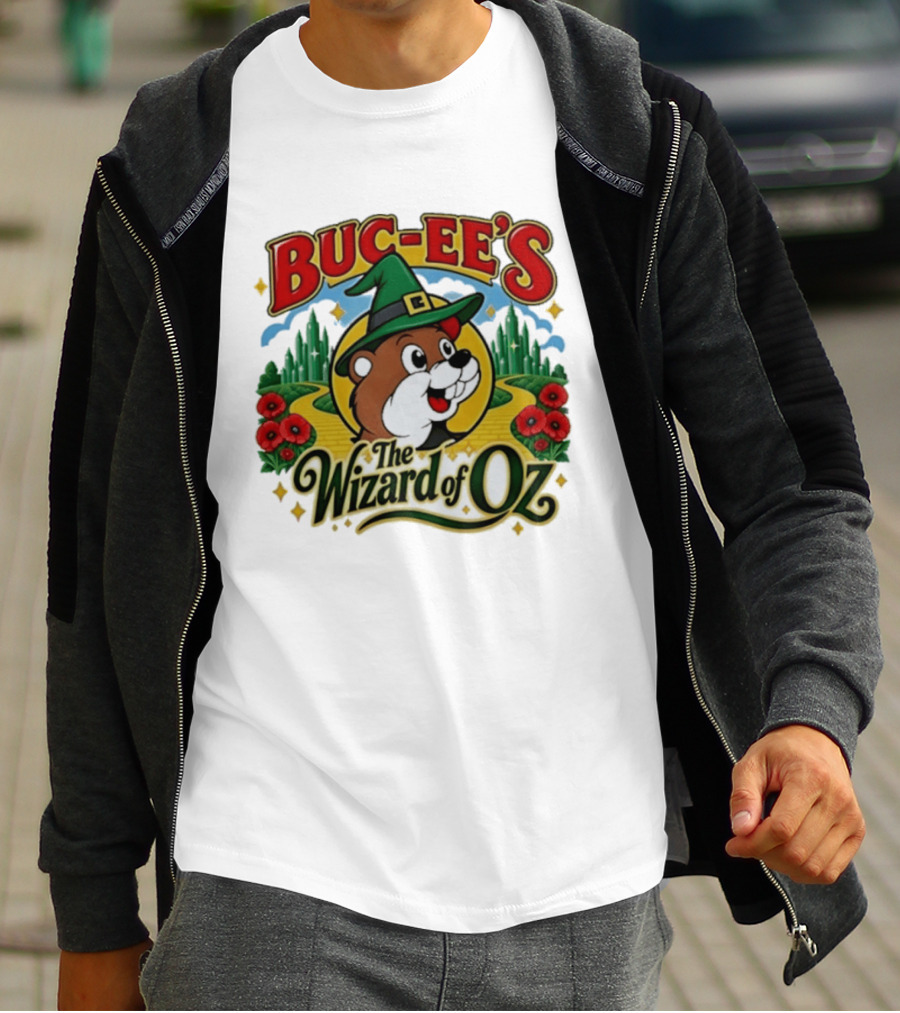 Buc Ee's The Wizard Of Oz Themed Parody With Beaver In Green Hat And Yellow Brick Road T-Shirt