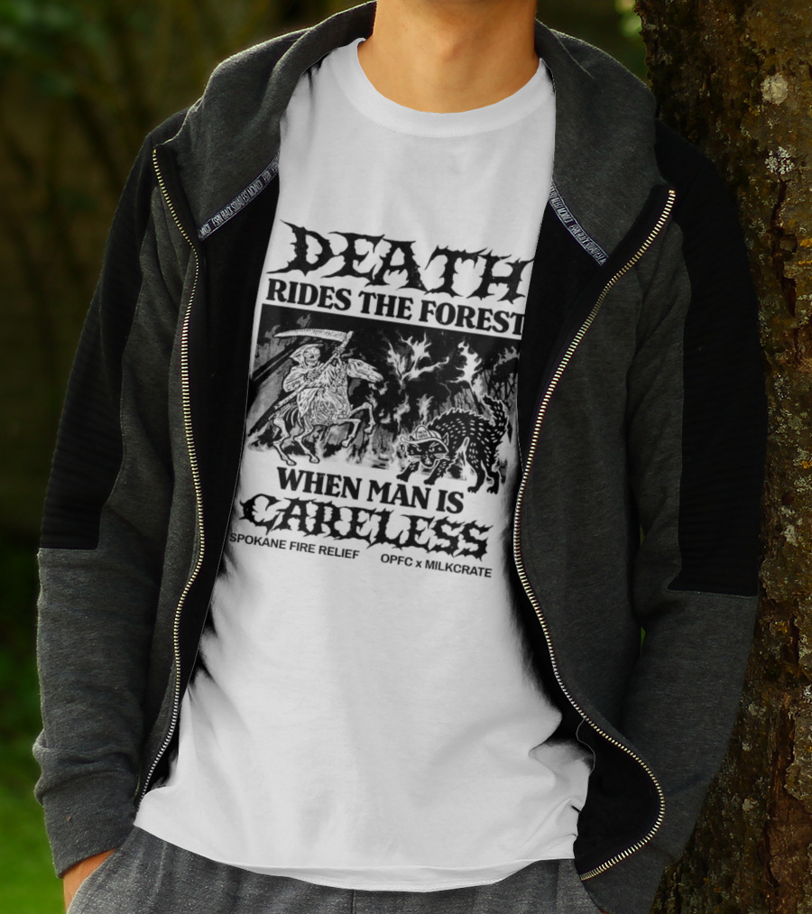 Death Rides The Forest When Man Is Careless Spokane Fire Relief OPFC X Milkcrate White T-Shirt